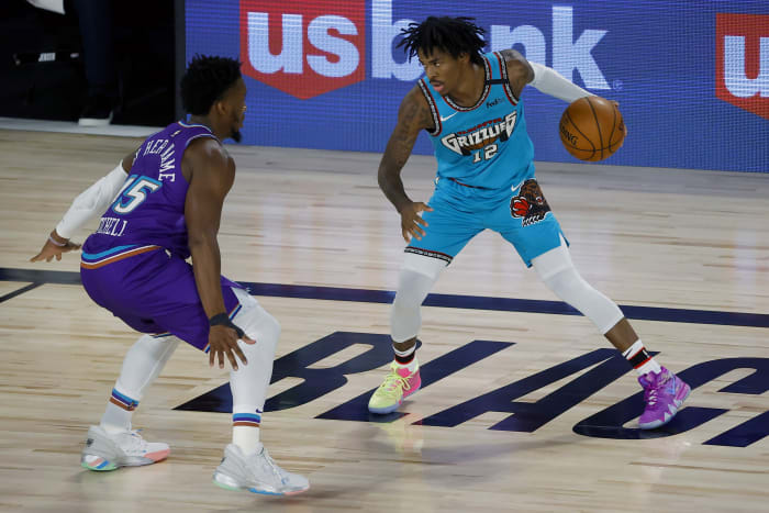Donovan Mitchell (45) and Ja Morant (12) go toe-to-toe during last years matchup in the "NBA Bubble"